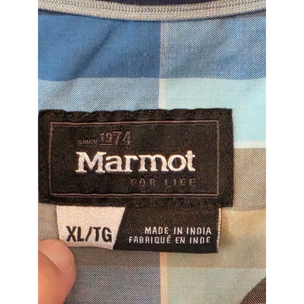 Marmot Mens XL Blue Tan Plaid Short Sleeve Button Down Shirt Outdoor Cotton - Picture 7 of 8